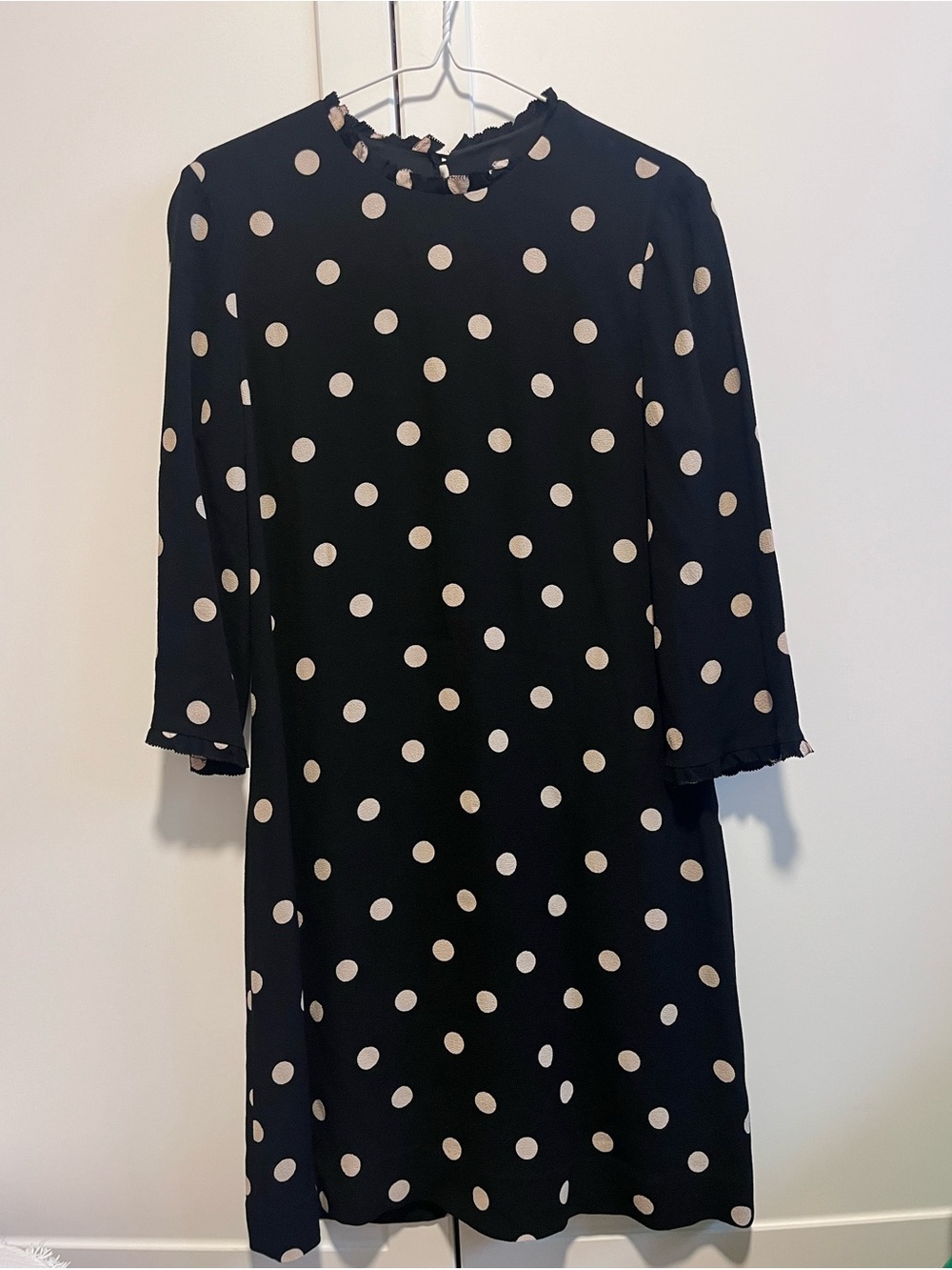 Kate Spade Polka Dot Dress 8 Black Cream Ruffle Mock Neck Lace Hem 2021 LNC
